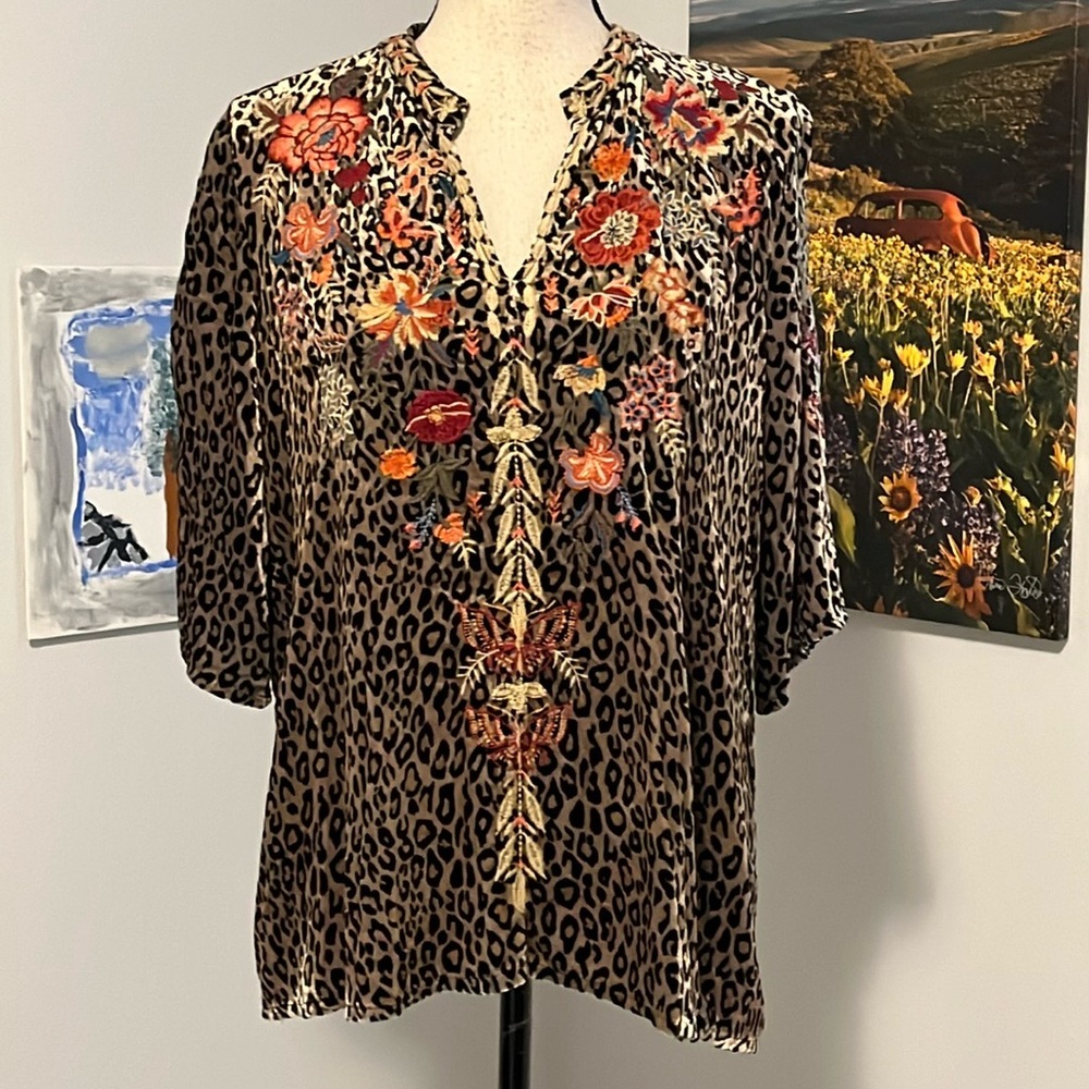 Johnny Was Leopard Print Tunic with Orange & Red Floral Embroidery